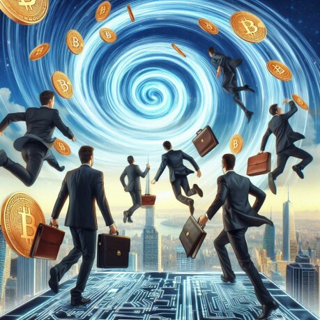 Business professionals celebrating success in cryptocurrency, joyfully leaping into the air amidst a backdrop of Bitcoin symbols.